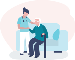 Hjemmesykepleier med stetoskop hjelper gammel mann med stokk opp fra sofa.