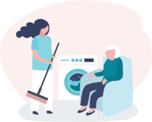 Illustrasjon av hjemmehjelp: Hjemmehjelper med kost i hånden. Gammel dame i godstolen foran vaskemaskinen