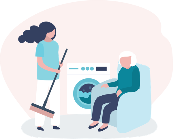 Illustrasjon av hjemmehjelp som vasker og eldre person som sitter.